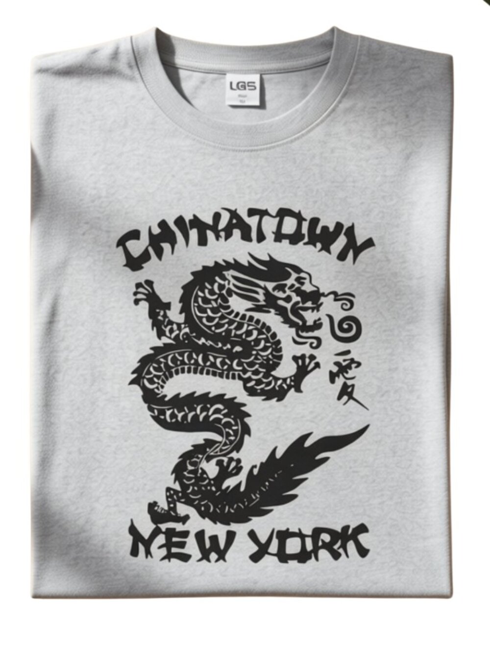 Chinatown New York Dragon Graphic T-Shirt Gray Crew Neck Streetwear Tee S-XL